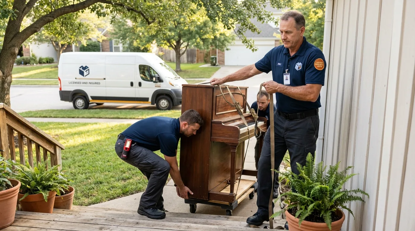 Licensed piano movers securing grand piano in Gillespie, IL
