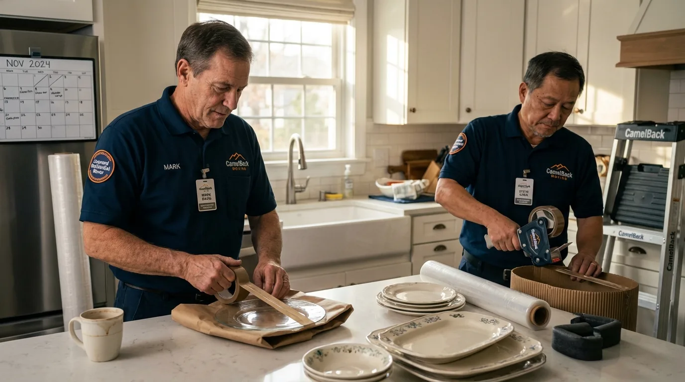 Professional crew packing kitchen dishware in Gillespie, IL